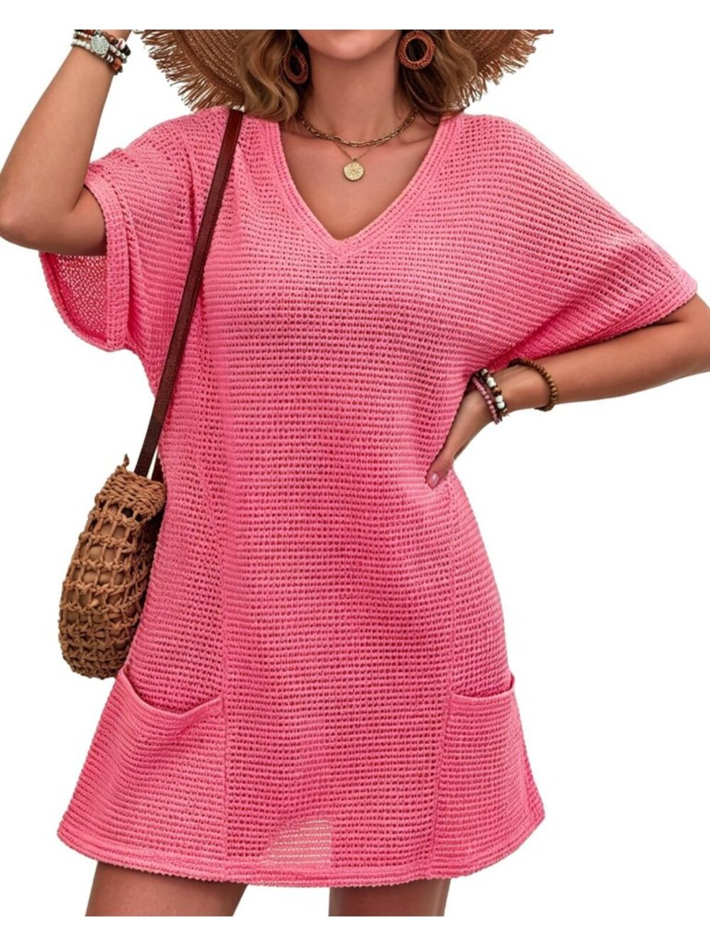 Women's Rose Red Polyester V Neck Coverup Swimwear Bathing Suit Crochet Cover Up